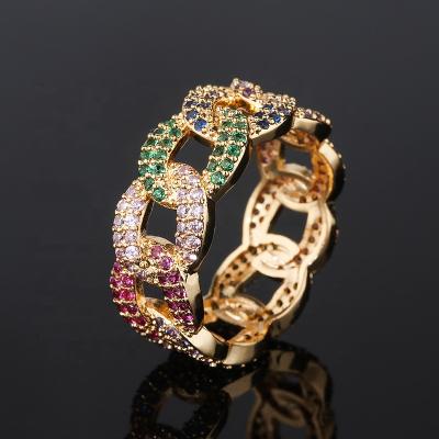 China Iced Out Colored CZ Womens 18K Gold Plated Vermeil Miami Cuban Link Ring for sale