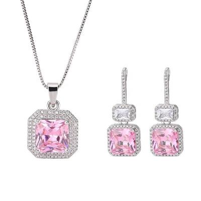 China Iced Out Cushion Topaz Bridal Necklace Jewelry Set Pink Cut Costume Jewelry Sets Statement Jewelry Set for sale