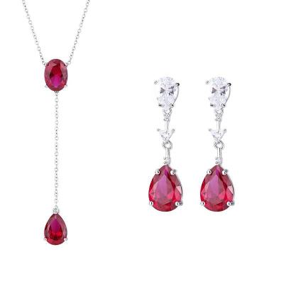 China Iced Out Waterdrop Garnet Necklace and Red Earrings Jewelry Set Luxury Bridal Jewelry Set Luxury American Diamond Necklace Sets Jewelry for sale