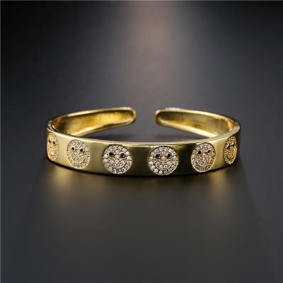 China Iced Out Smile Face Charm Cuff Bracelet, 18K Gold Happy Smile Face Bracelet Bangle for sale