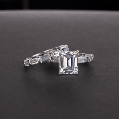 China Iced Out Emerald Cut 5A CZ 925 Sterling Silver Wedding Rings Set for Women for sale