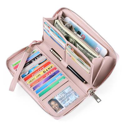 China European Custom Ladies Fashion Travel Purse Zipper Around Clutch Wallets Wristband RFID Blocking PU Leather Women Wallet Along for sale