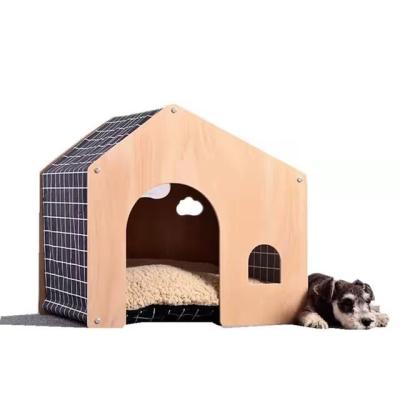 China Solid Wood House Stocked Shaped Indoor Pet Beds Kennel Furniture Printed Dog Bed for sale