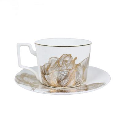 China Stocked hot sales of new gold flower design handle ceramic tea cups and saucers porcelain luxury coffee sets wholesale for sale