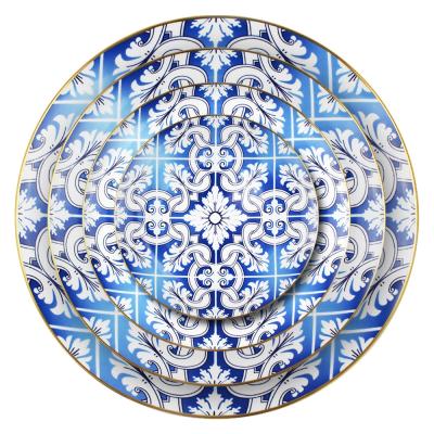 China 12 Inch Daily Use Metallic Blue Ceramic Terracotta Dish Supermarket Viable Sale Round Dinner Dishes For Restaurant for sale