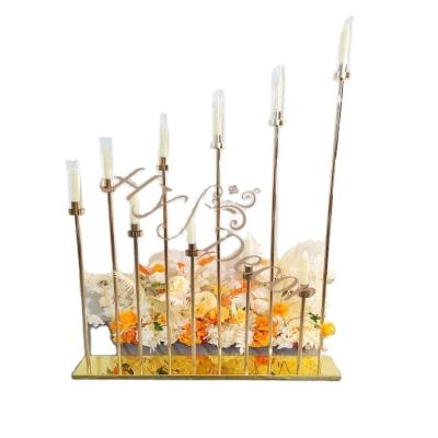 China Romantic Wedding Decoration HY Wholesale Candelabras Centerpieces Gold Tall Clear Metal Acrylic Crystal Candelabra  10 Arm Candle Holder for sale