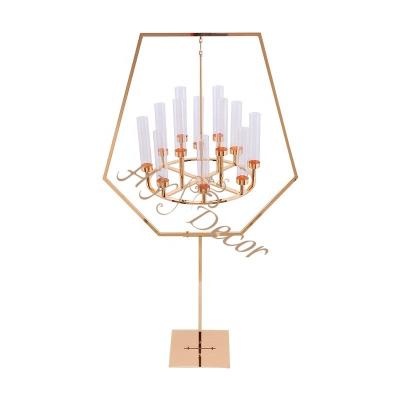 China Romantic Wedding Decoration HY 12 Arms 10 Heads 8 Arm Candelabra Modern Gold Black Metal Frame Tall Glass Plastic Crystal Wedding Candelabra Decoration for sale