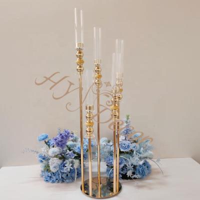 China Romantic Wedding Decoration HY 6 Arms Gold Metal Candlestick Holder Candle Stand Candeleros De Cristal Candelabra  Decoration for sale