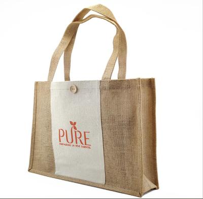 China Eco Friendly Natural Burlap Jute Bag with Button, Reusable Jute Bag Packaging with Cotton Webbing Handle for sale