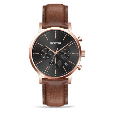 China Wholee Sale Water Resistant Watches Analog Genuine Vintage Men's Quartz Wrist Men's Leather Strap Chronograph Watch Sport for sale