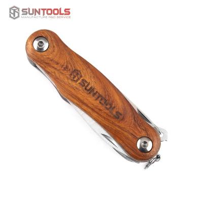 China Easy Carry 8 in 1 Multifunctional Stainless Steel Wooden Handle Foldable Outdoor Camping Easy Carry Pocket Knife for sale