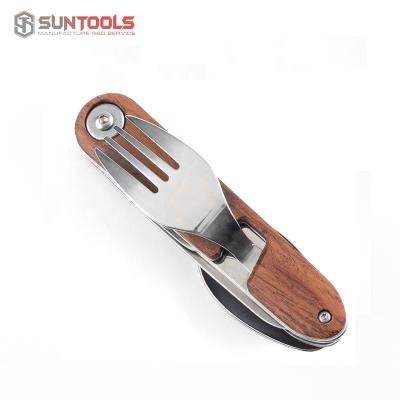 China Stainless Steel Wholesale 420+WOOD OEM Customized Logo Foldable Detachable Multifunctional Camping Cutlery Cutlery With Wooden Handle for sale