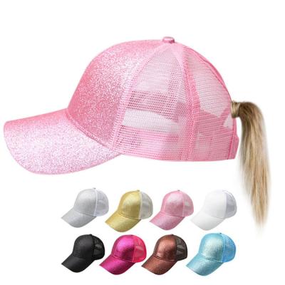 China Cheap Women Logo Glitter Ponytail Baseball Caps Mesh Trucker Hats For Girl Custom Embroidery COMMON 15pcs MOQ for sale