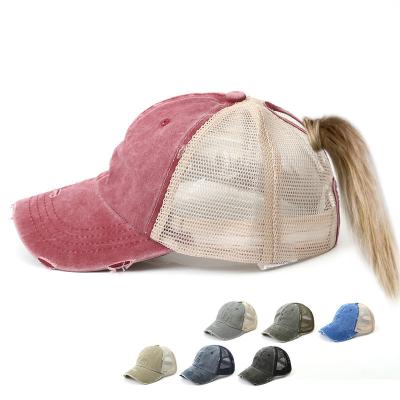 China RTS JOINT Ponytail Baseball Hat High Bright Colors Distressed Washed Trucker Hat for sale