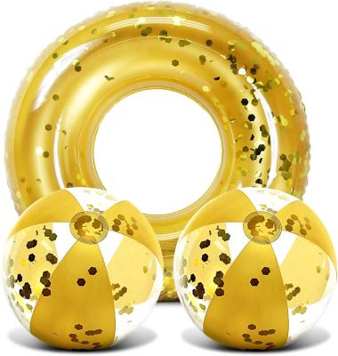 China Factory Custom Inflatable Water Toy Golden Sequins Foldable Swimming Ring for Kids and Adults for sale