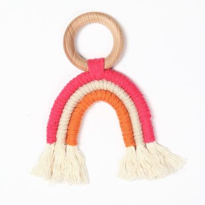 China Natural Baby Teething Ring Rainbow Tassel Macrame Wooden Teether Stroller Newborn Gift for sale