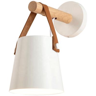 China Macaron Residential Nordic Wall Lamps With Leather Belt Modern Metal Shade Wall Light With Wooden Lamp Poles for sale