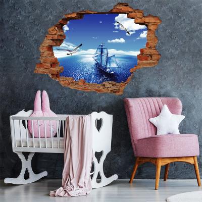 China 3D Sea Effect Blue Sky Sea Sea Wall Stickers Living Room Decor Navigation Seagull Self-adhesive Waterproof Removable Home Wall Sticker PVC Self-adhesive Wallpaper for sale