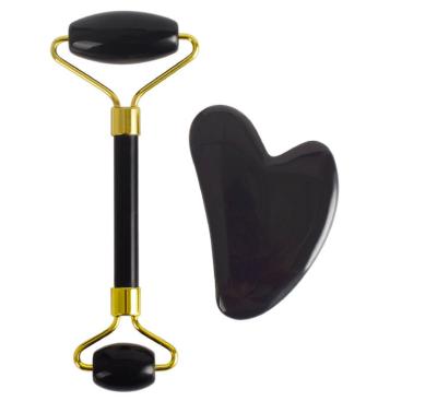 China Dual rollers/portable/cool/comfortable massage stone set facial massager natural black jade roller gua sha for face for sale