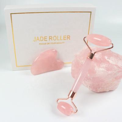 China Portable/Cool/Comfortable custom logo natural facial massager mounted quartz jade roller and gua sha stone tool kit for sale