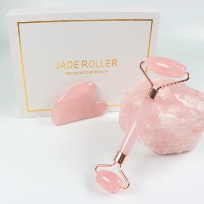 China Dual rollers/portable/cool/comfortable natural rose quartz rose jade massage roller gua stone facial sha set for face for sale