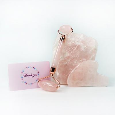 China Dual Rollers/Portable/Cool/Comfortable Natural Rose Quartz Jade Face Roller Set With Box for sale