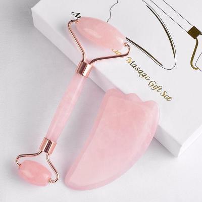 China 2019 High Quality Custom Portable/Cool/Comfortable Double Box 100% Anti Aging Jade Massage Roller Gua Rollers/Sha Set For Face Pink for sale