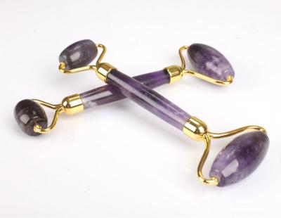 China Face Lift Purple Quartz Natural Amethyst Jade Facial Roller Set With Box for sale