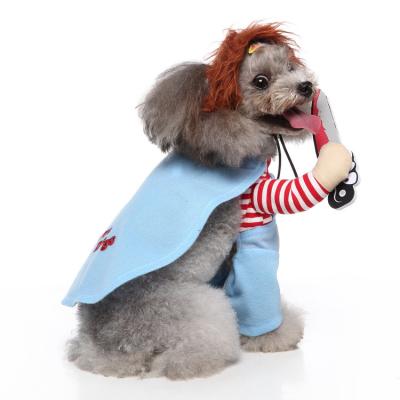 China Viable Hot Deadly Amazon Doll Dog Costumes Funny Cute Pet Cosplay Costume Clothes For Puppies Halloween Pajamas for sale