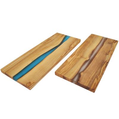 China Art Design Epoxy Resin River Handcrafted customized viable Olive Wood Rectangular Shape Large cutting serving cutting board for sale