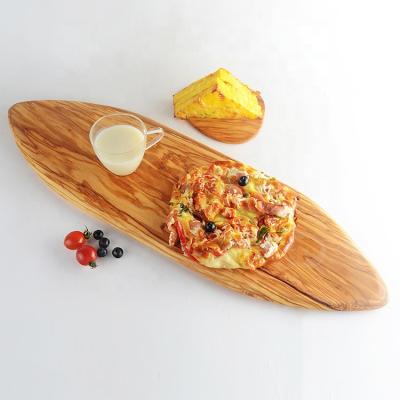 China Real Natural Viable Irregular Shaped Fruit Cake Bread Meat Cutter Cutting Tray Olive Wood Serving Board With Handle for sale