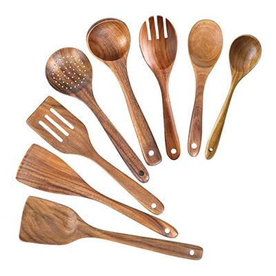 China Workable 8 Piece Server Slotted Spoon Colander Food Turner Curved Spoon Solid Spoon Acacia Cooking Kitchen Utensils for sale