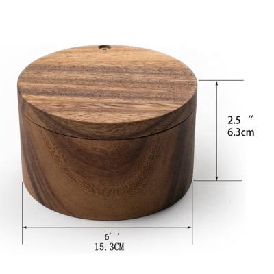 China Sustainable Natural Acacia Wood Storage Box Spice Pepper Keeper Salt Seasoning Cellar with Magnetic Swivel Lid for sale