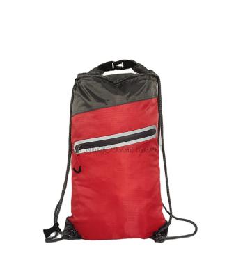 China New autumn red cheap raincoat waterproof backpack with reflective strip, individuality drawstring soft shoes bag for sale