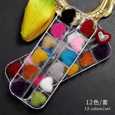 China Festival Holiday Finger Decoration 12 Oosi Colors / Set Magnet Heart Pom Poms Winter Manicure Accessories DIY Design Removable Nail Art Charms for sale