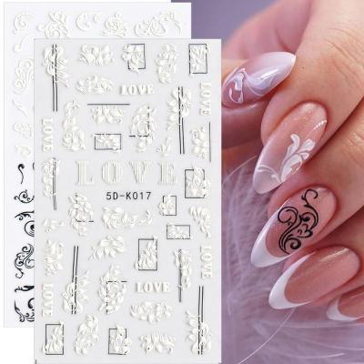 China Festival Holiday Hot 5D Finger Decoration Oosi De Embossed White Japanese Acrylic Etched Nail Art Stickers Nail Accessories 5D Nail Sticker Lace Butterfly Flower for sale