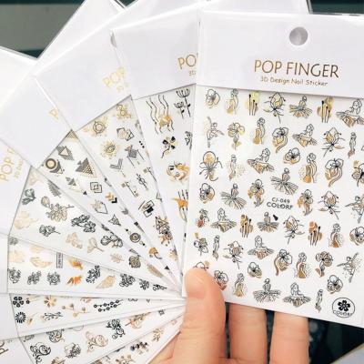 China Festival Holiday Trending Design Finger Decoration Oosi Flowers Black Line Lady Face Golden Red Colors DIY Laser Self Adhesive Nail Art Sticker For Nails for sale