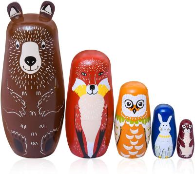 China Europe Nesting Dolls For Kids Wooden Handmade Matryoshka Doll Cute Cartoon Animal Model 5 Pieces Great Toy Gift For Home Decoration for sale