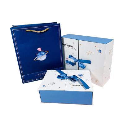 China Recyclable Custom Logo Blue Blank Baby Shower Favors Cardboard Jewelry Gift Boxes And Bag With Ribbon for sale