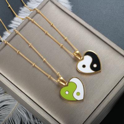 China FASHIONABLE Enamel Green White Black Heart Necklace Yin Yang Beads Chain Gold Plated Pendant Necklace For Women Fashion Jewelry for sale