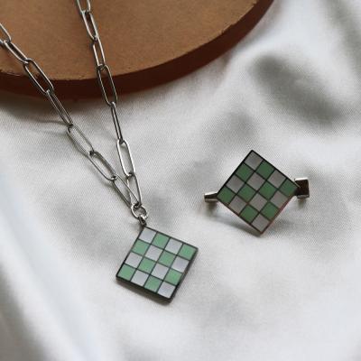 China Cute Minimalist Oil Drip Cool Drip Necklace Charm Square Brooch For Women Checkerboard Shape Enamel Jewelry Set for sale