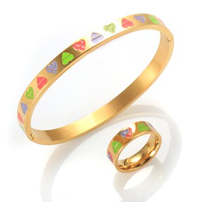 China Wholesale Cute Multi Color Oil Drip Jewelry Set Wedding Gift Yin Yang Bracelet Bangle Enamel Love Ring For Women Men Heart for sale