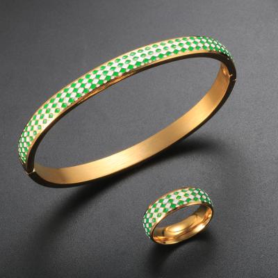 China TRENDY Fashion Grid Bracelet Bangle Oil Drip Ring For Women France National Colorful Flag Enamel Jewelry Set for sale