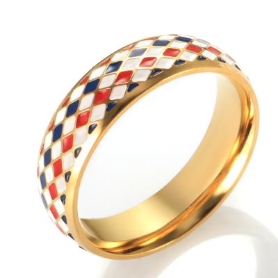 China France TRENDY National Flag Enamel Ring Trendy Colorful Oil Dripping Grid Ring For Women Men Daily Party Jewelry Gift Wholesale for sale