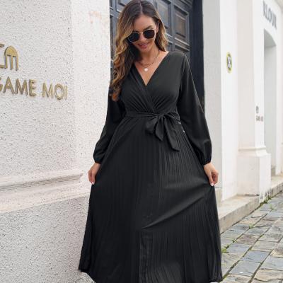 China New Fashion Women Anti-wrinkle Long Sleeve V-neck Pleated Dresses Solid Color Lace Up Belt Europe Hot Selling Elegant Casual Long Dress for sale