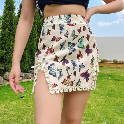 China New Butterfly Print Skirt Spice Girls Anti-Static Institute Lace Stitching Design Sense Split Irregular Hip Wrap Skirt for sale