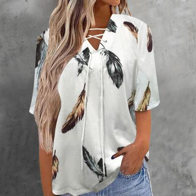 China 2022 Anti-wrinkle casual ladies wear cropped V-neck bandage floral print fashion T-shirt sleeve ladies shirt casual T-shirt pull for sale