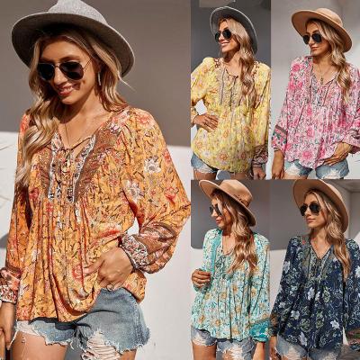 China New Anti-wrinkle V-Neck Sweater Wish Printing Loose Long Sleeve Tee for sale