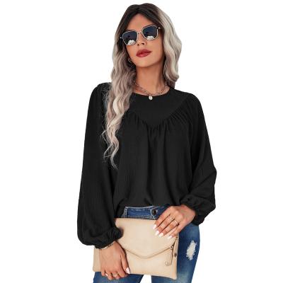 China New Products Anti-Shrink Fall Early Long Blouse Women's Solid Color Round Neck Sweater Loose Shirt Sleeve Blouse for sale