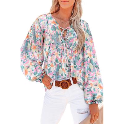 China New Fall Breathable Shirt Floral Ruched Floral V-Neck Casual Belted Long Sleeve Top for sale